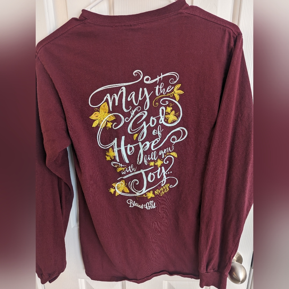 Blessed girl maroon burgundy long sleeve t shirt God of Hope fall leaves Romans